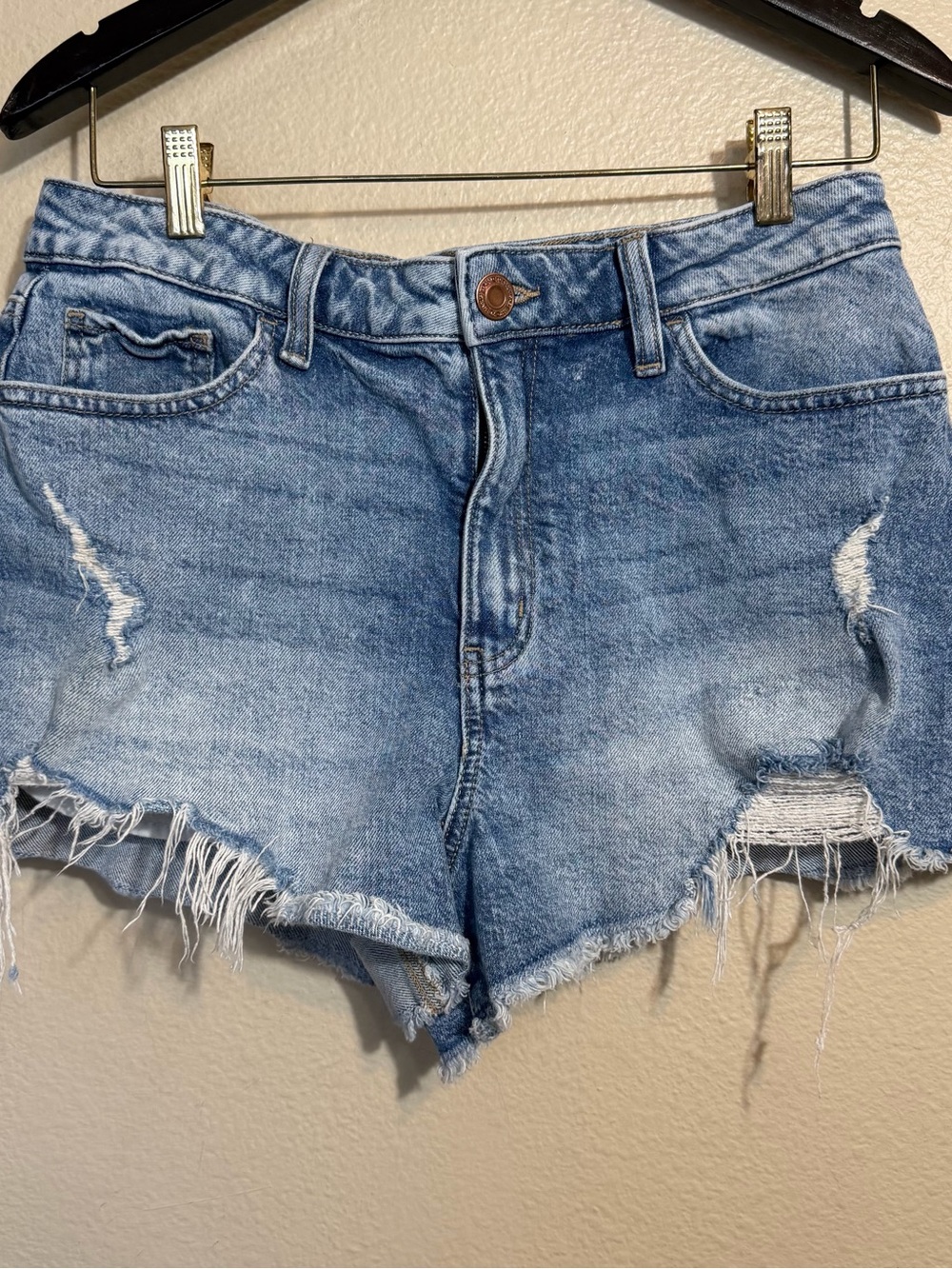 SO Women’s high rise Distressed Light Blue Denim Shorts